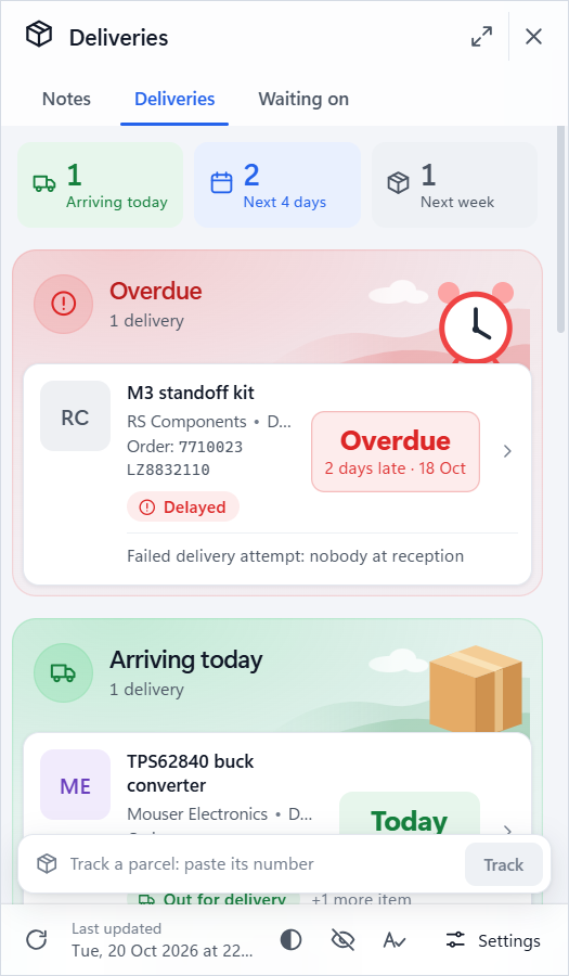 Antenna's Deliveries tab: an overdue parcel at the top, then what's arriving today and in the next few days.
